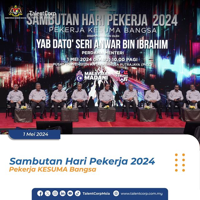 1 Mei 2024 - YAB Dato’ Seri Anwar bin Ibrahim, Perdana Menteri menyempurnakan Majlis Sambutan Hari Pekerja 2024 yang bertemakan “Pekerja Kesuma Bangsa” di Pusat Konvensyen Antarabangsa Putrajaya (PICC).